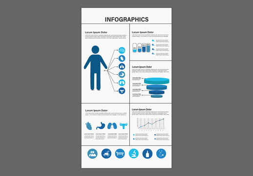 Editable Medical Infographic Template with Human Anatomy Elements and Data Visualization Statistics for Healthcare Reports.