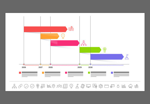 Editable Business Gantt Chart Timeline Infographic Template with 5 Steps Progress Bars and Project Management Icons for Annual Reports.