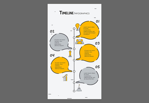 Editable Vertical Timeline Infographic Template with 5 Speech Bubble Steps and Business Icons.