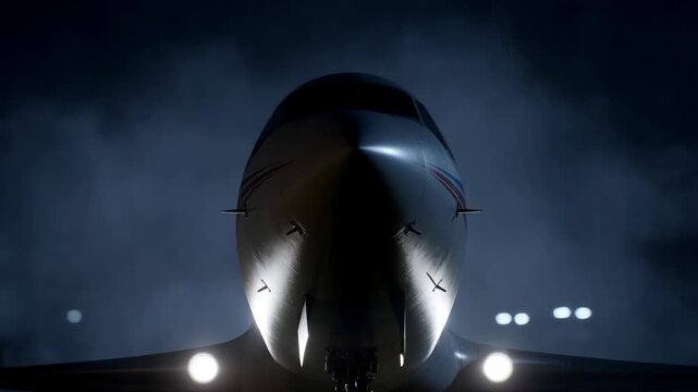 Jet airplane front with illuminated cockpit lights on runway at night, cinematic low angle shot. featuring aircraft, aviation, flight with