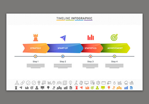 Editable Business Timeline Infographic Template with Colorful 4 Steps Process for Horizon PowerPoint Presentation Slides.