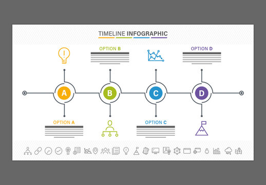 Editable Business Timeline Infographic Template with Colorful 4 Steps Process for Horizon PowerPoint Presentation Slides.