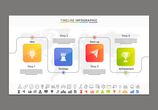 Editable Business Timeline Infographic Template with Colorful 4 Steps Process for Horizon PowerPoint Presentation Slides.