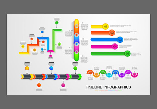 Editable Business Timeline Infographic Bundle Template with Staircase Diagram, Arrow Process and Horizontal Progress Bars in Colorful Design.