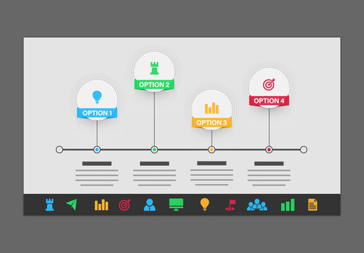 Editable Business Timeline Infographic Template with 4 Steps Process and Colorful Icons for Horizon PowerPoint Presentation Slides.