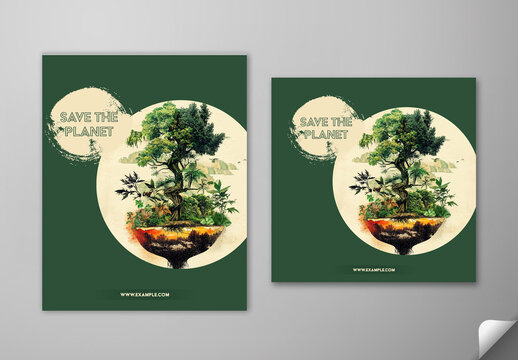 Editable Save the Planet Environmental Awareness Social Media Post Template Set in Beige and Green Theme.
