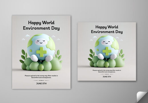 Editable Happy World Environment Day Social Media Post Template Set with 3D Cute Earth Character and Eco Friendly Nature Theme.