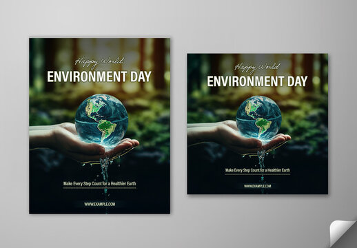 Editable World Environment Day Social Media Post Template with Hands Holding Glass Globe and Water Pouring Concept.