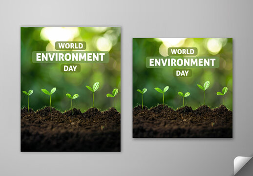 Editable World Environment Day Social Media Post Template Set with Row of Fresh Green Saplings Growing in Soil.