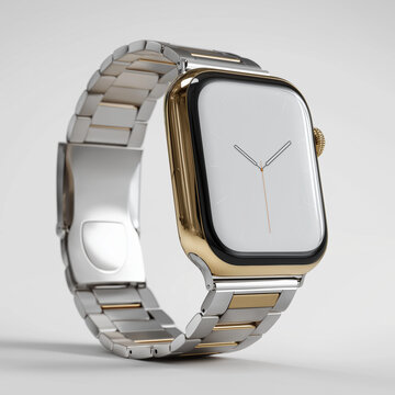 A smart watch with a gold and silver band displays a minimalist clock face