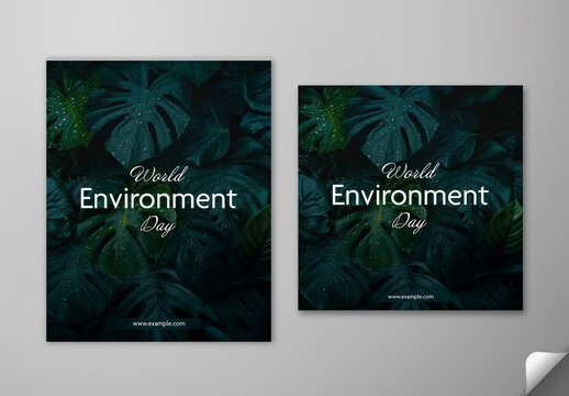 Editable World Environment Day Social Media Post Template Set with Water Droplets on Lush Tropical Green Leaves Background.