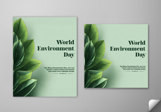 Editable World Environment Day Social Media Post Template Set with Green Leaves.