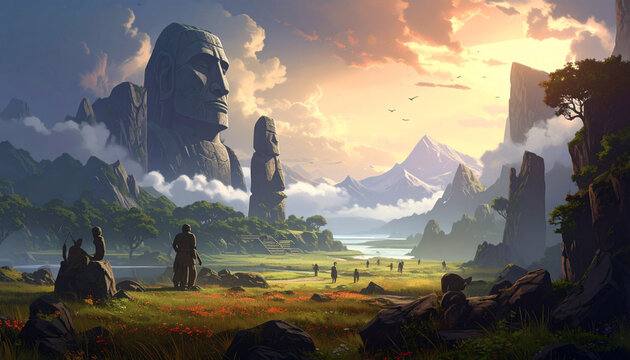 Ancient stone heads and landscape