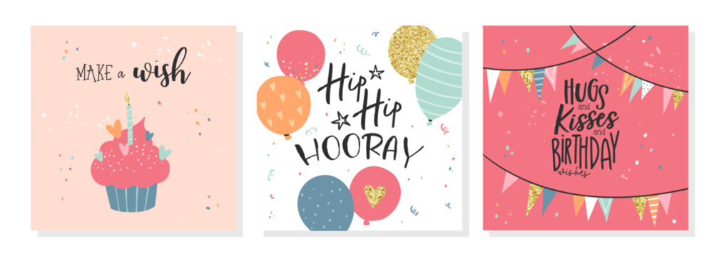 Set of lovely hand drawn birthday cards with balloons and decoration, universal artistic templates