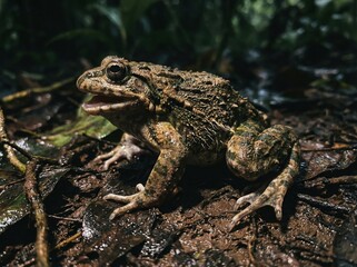 Fototapeta premium Hairy frog in rainforest habitat amidst leafy ground cover