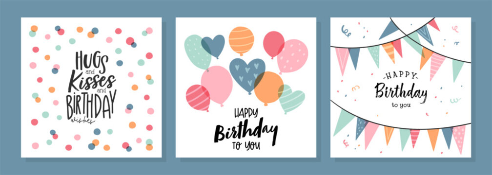 Set of lovely hand drawn birthday cards with balloons and decoration, universal artistic templates
