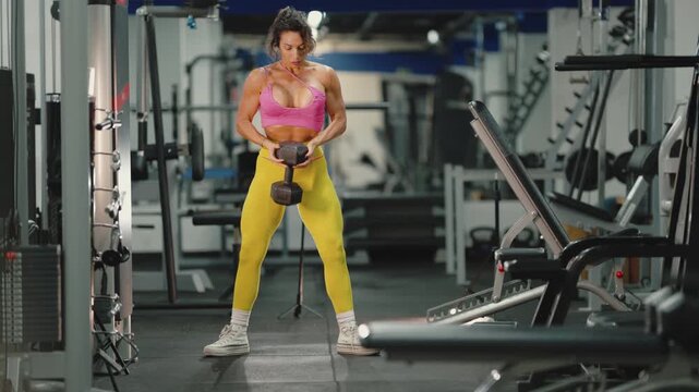 Athletic woman performing goblet squats with dumbbell in the gym