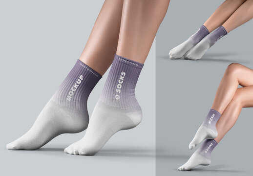 Female Feet In Crew Socks Mockup Set