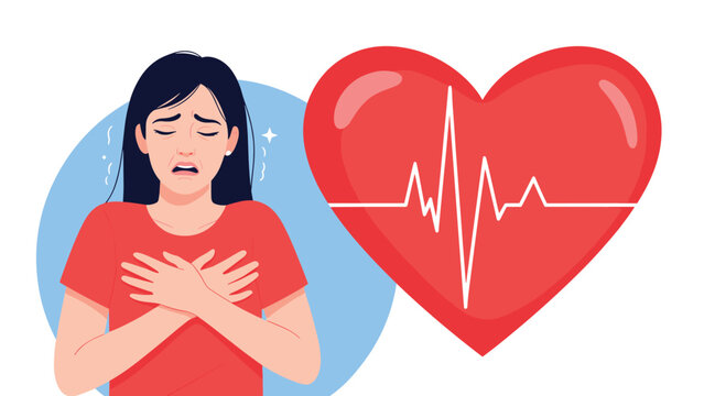 Worried woman holding her chest in pain next to a large heart icon with a pulse line to represent heart attack and chest discomfort.