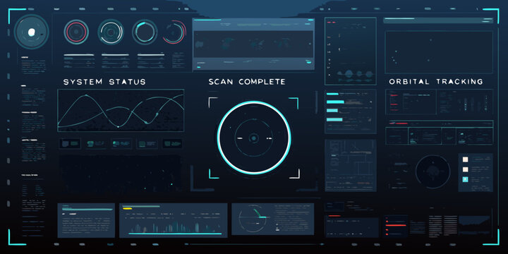 Futuristic interface displaying system status orbital tracking and scan data
