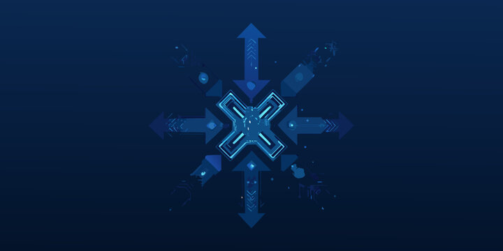 Abstract blue digital network with converging arrows and central x shape