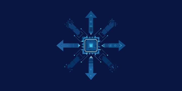 Abstract digital network with a central microchip and radiating arrows