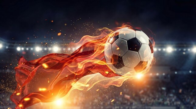Soccer ball with flames and red flag in stadium