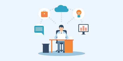 Fototapeta premium Man working at a desk with ideas and concepts floating above him