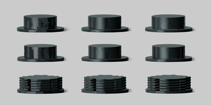 A collection of black top hats in various styles and arrangements