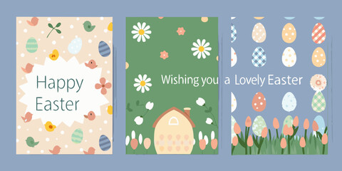 Three pastel easter cards with floral designs and festive greetings © PabanBiswas