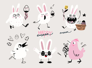 Obraz premium cute easter bunny characters clipart set cartoon vector collection