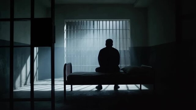 Prison cell interior with silhouette of man sitting on bed in dark cinematic scene featuring jail, bars, window with furniture and isolation elements