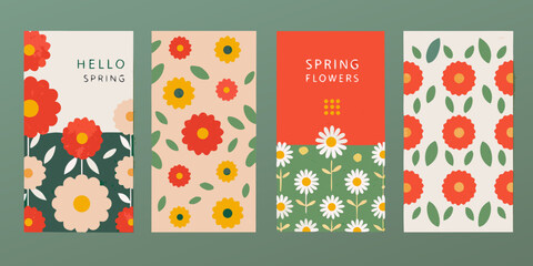 Four vertical floral banners with spring greetings and colorful blooms © PabanBiswas