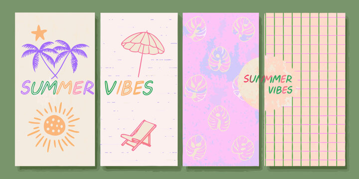 Four colorful hand drawn summer themed banner illustrations in vertical format