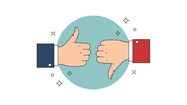 Comparison of a hand showing a thumbs up gesture and another hand showing a thumbs down gesture for feedback.