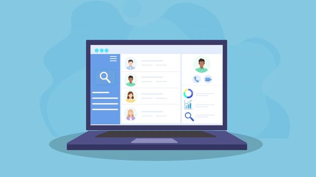 Animated laptop displaying a user dashboard interface with profiles and data panels, representing AI system management, digital workflow, and clean flat motion design.