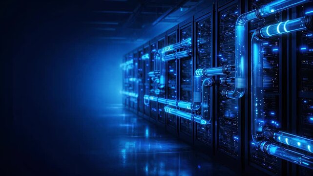 Modern data center corridor with visible cooling pipes and servers, digital infrastructure concept, high performance computing, technology environment.