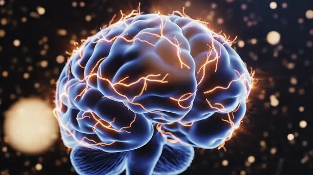Blue brain with glowing neural connections for commercial backgrounds, digital design, and advertising