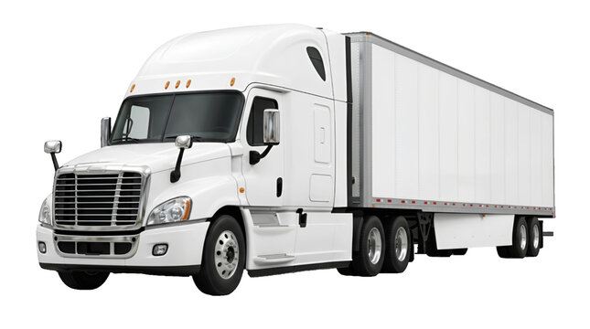 Modern white semi-trailer truck with blank trailer isolated on transparent background for commercial transportation and logistics mockup. Heavy-duty Freightliner Cascadia big rig truck