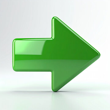 Green glossy 3D arrow pointing right, isolated on white background, smooth reflective surface, directional guide or navigation