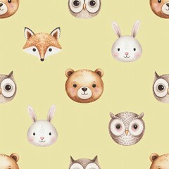 Obraz premium Cute forest animals like foxes bunnies and owls smiling in a playful pattern