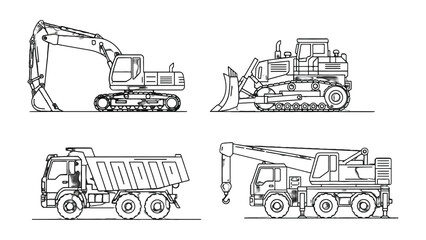 Construction Machines Blueprint: A detailed blueprint of essential construction vehicles, showcasing an excavator, bulldozer, dump truck, and crane in a technical drawing style. © Ajhar234