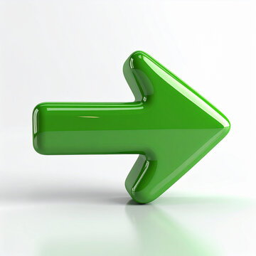 Green glossy 3D arrow pointing right, isolated on white background, smooth reflective surface, directional guide or navigation