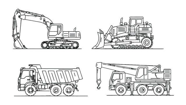 Construction Machines Blueprint: A detailed blueprint of essential construction vehicles, showcasing an excavator, bulldozer, dump truck, and crane in a technical drawing style.