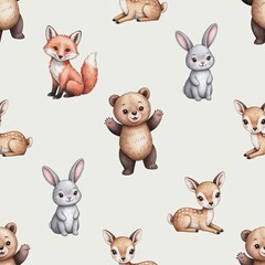 Fototapeta premium Cute forest animals like bears bunnies and foxes playing together in a happy scene