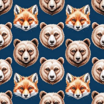 Cute fox and bear faces pattern repeating on blue background