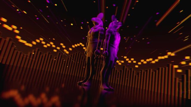 4K seamless orange and purple VJ loop featuring a stylized, geometric 3D Horus deity figure with glowing circuits for VJ sets, stage screens, electronic music festivals and LED video walls