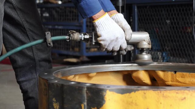 A technician uses a pneumatic orbital sander to polish the metal surface of a heavy yellow industrial component in a workshop, ensuring a smooth finish during a precision machinery overhaul.