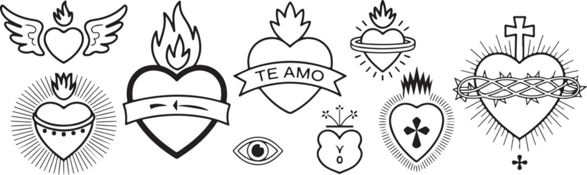 A set of different black and white sacred heart illustrations, traditional style for tattoo or religious symbol.