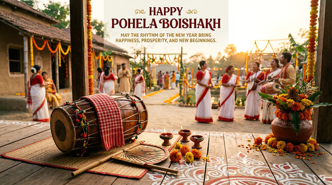 Happy Pohela Boishakh - Festive Pohela Boishakh with Dhol, Offerings, and Village Scene at Golden Hour
